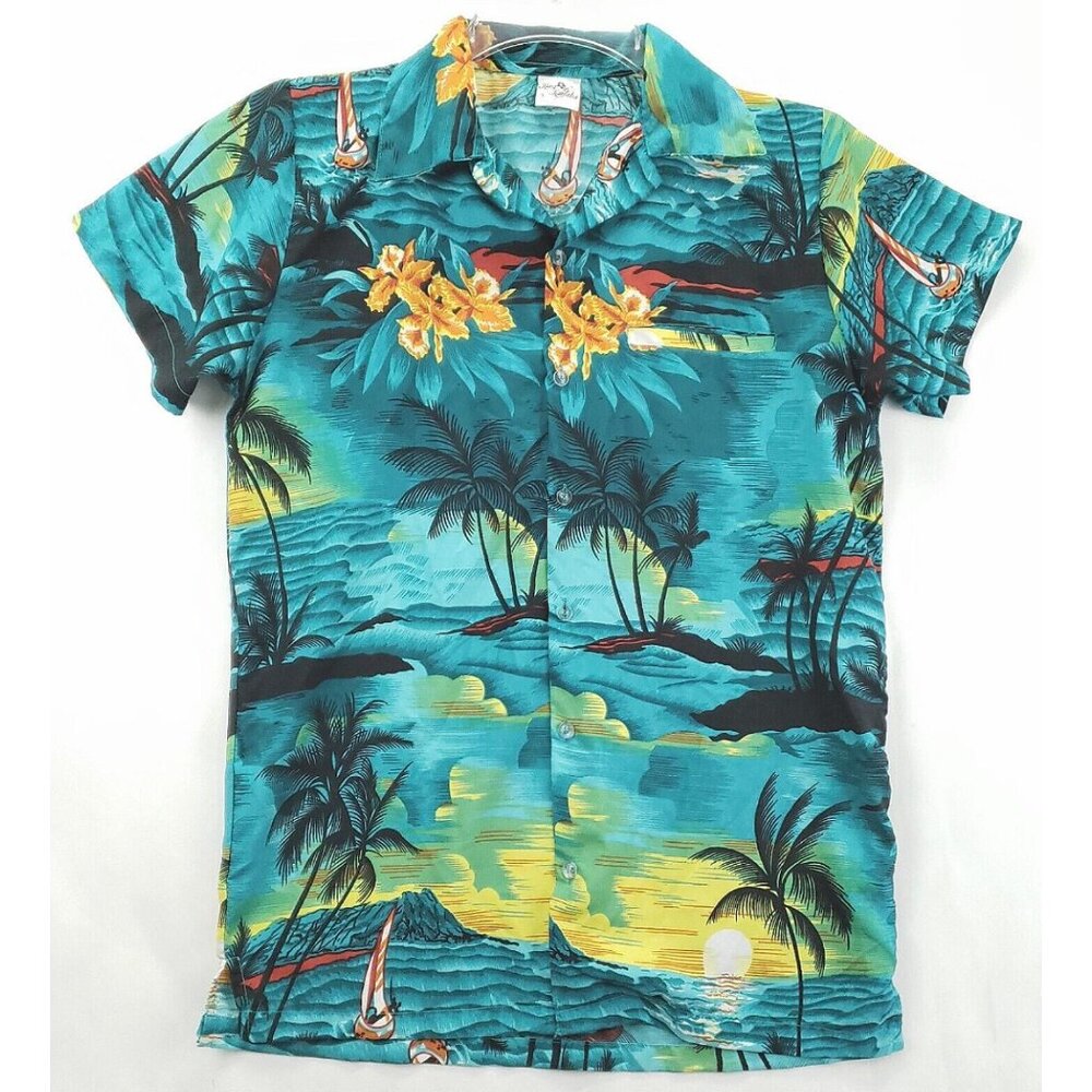 King Kameha Hawaiian Shirt Men Small Blue Yellow Floral Button-Up